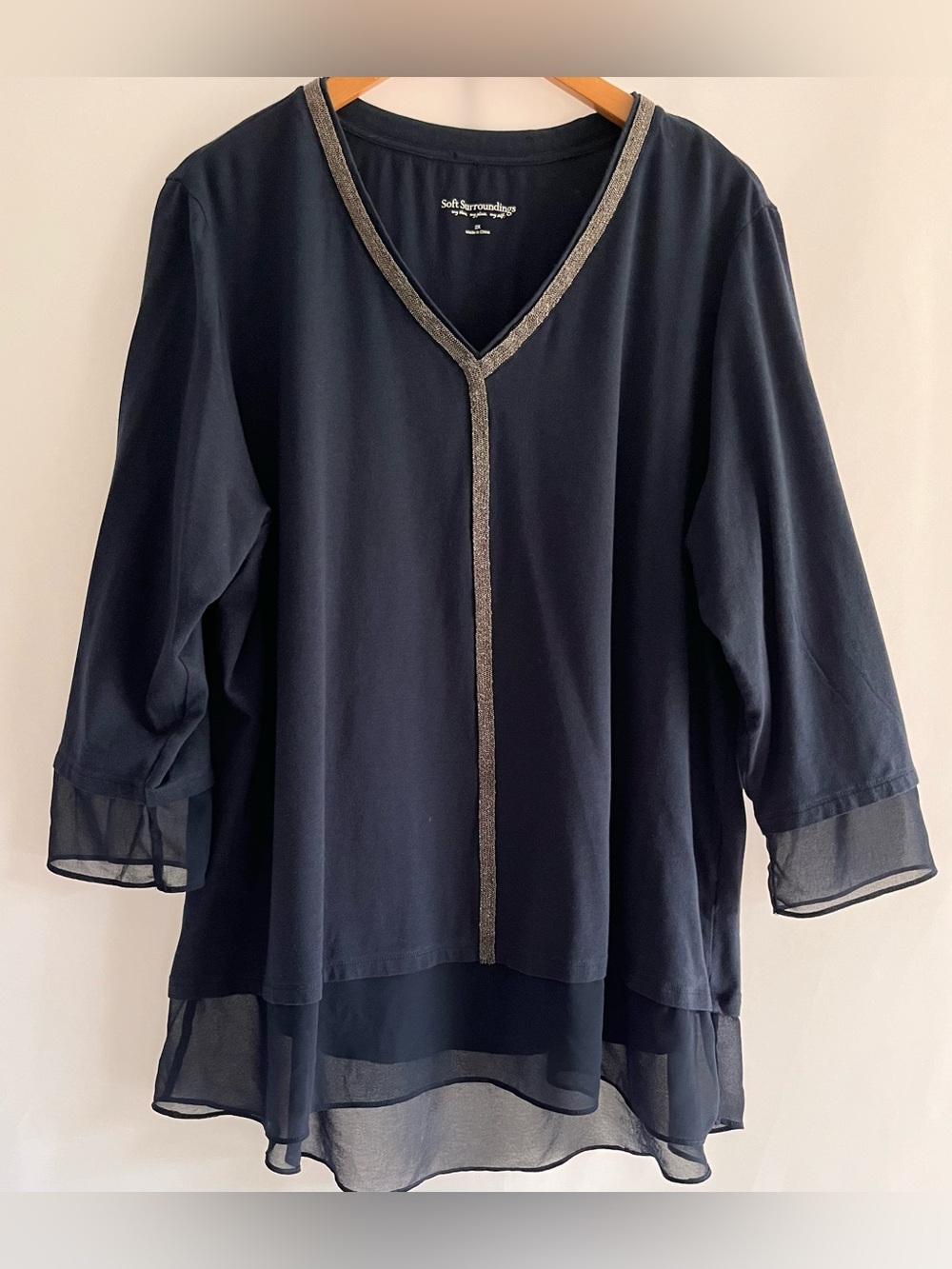 Soft Surroundings Navy Blue Sheer Layered Embellished Tunic Top V-neck Size 2X